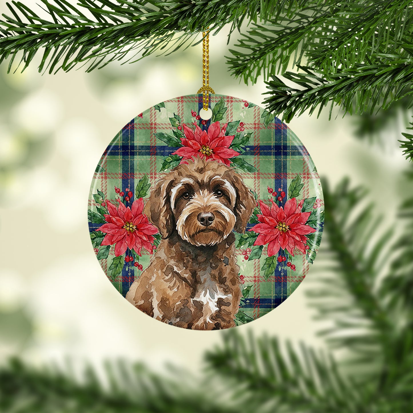 Brown Portuguese Water Dog Christmas PoinsettIas Ceramic Ornament