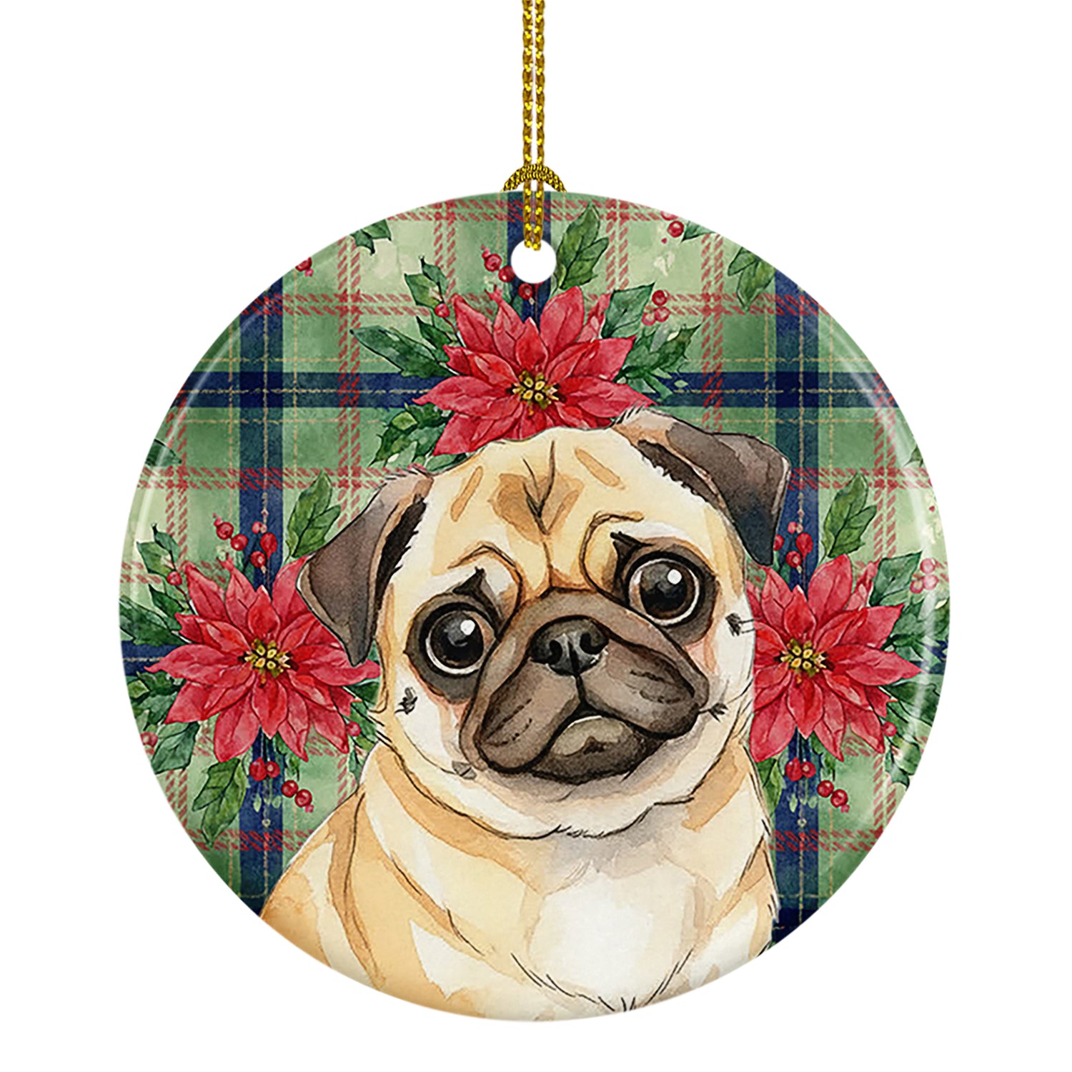 Buy this Fawn Pug Christmas PoinsettIas Ceramic Ornament