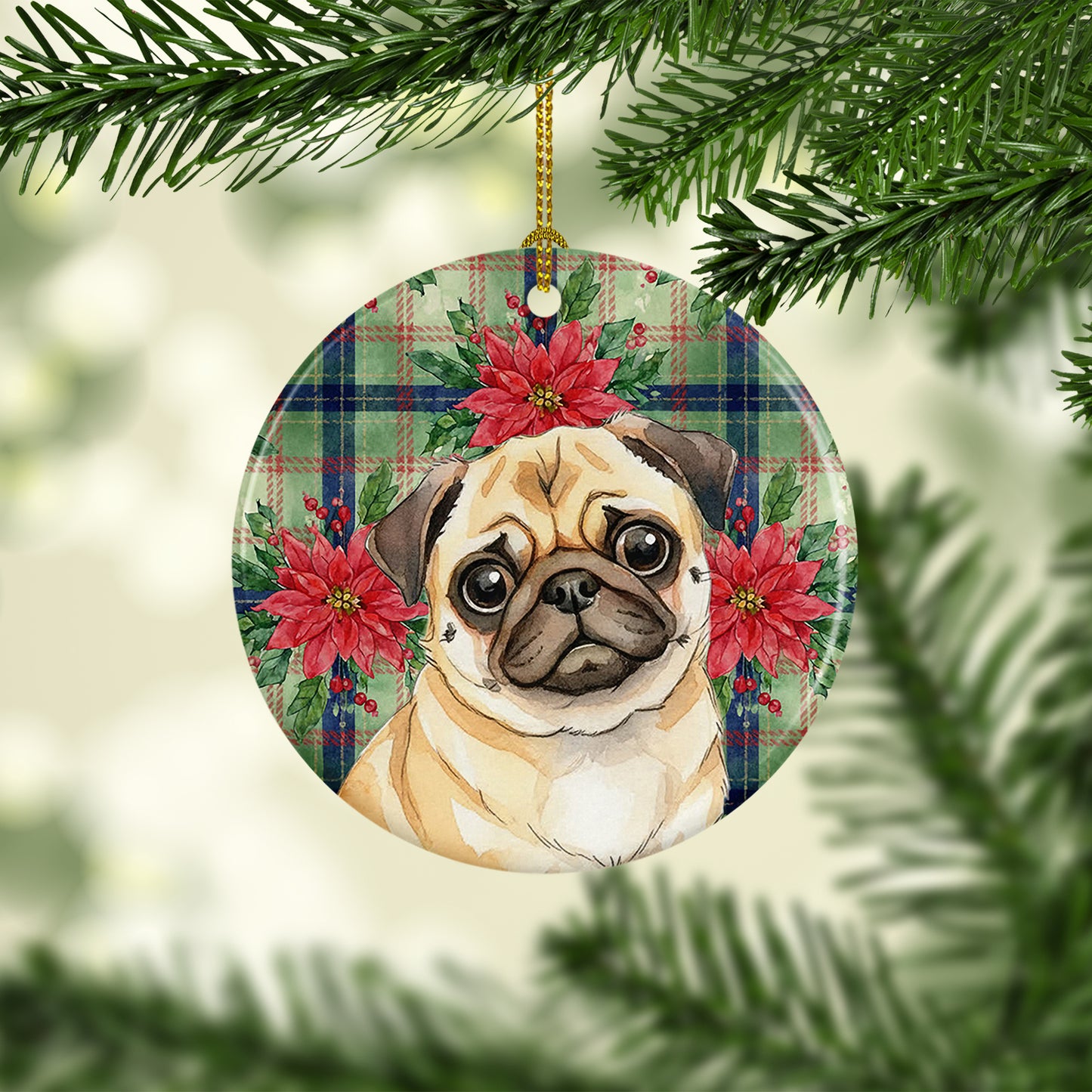 Fawn Pug Christmas PoinsettIas Ceramic Ornament