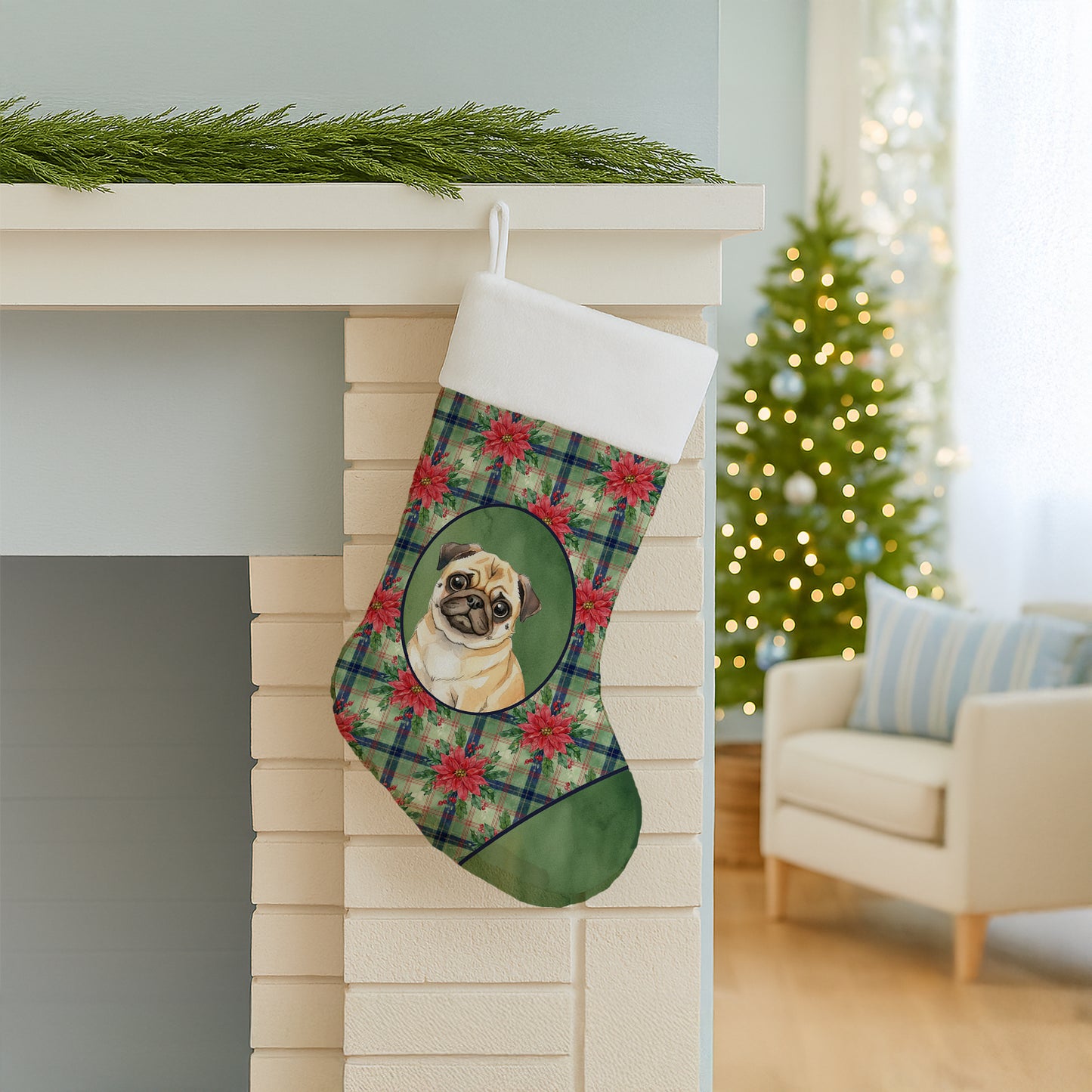Fawn Pug Christmas PoinsettIas Holiday Stocking
