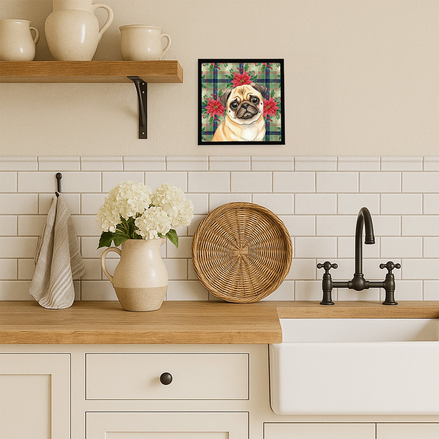 Fawn Pug Christmas PoinsettIas Framed Metal Print