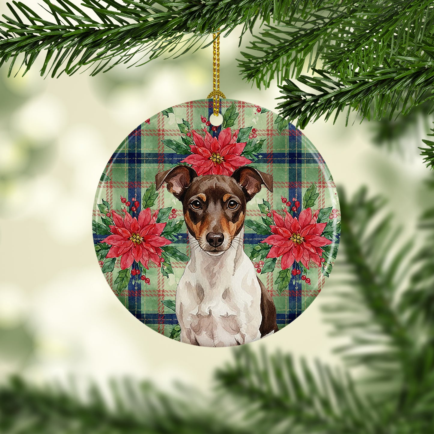Chocolate and White Rat Terrier Christmas PoinsettIas Ceramic Ornament