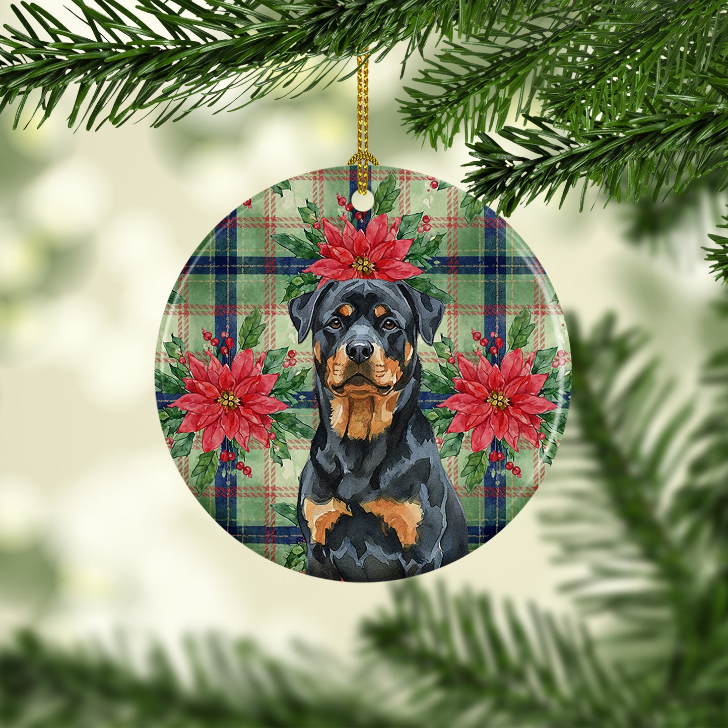 Rottweiler Christmas PoinsettIas Ceramic Ornament