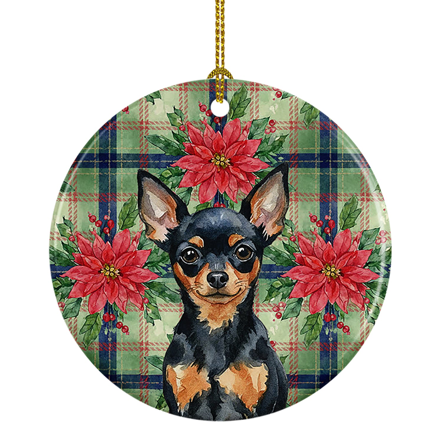 Buy this Black and Tan Russian Toy Christmas PoinsettIas Ceramic Ornament
