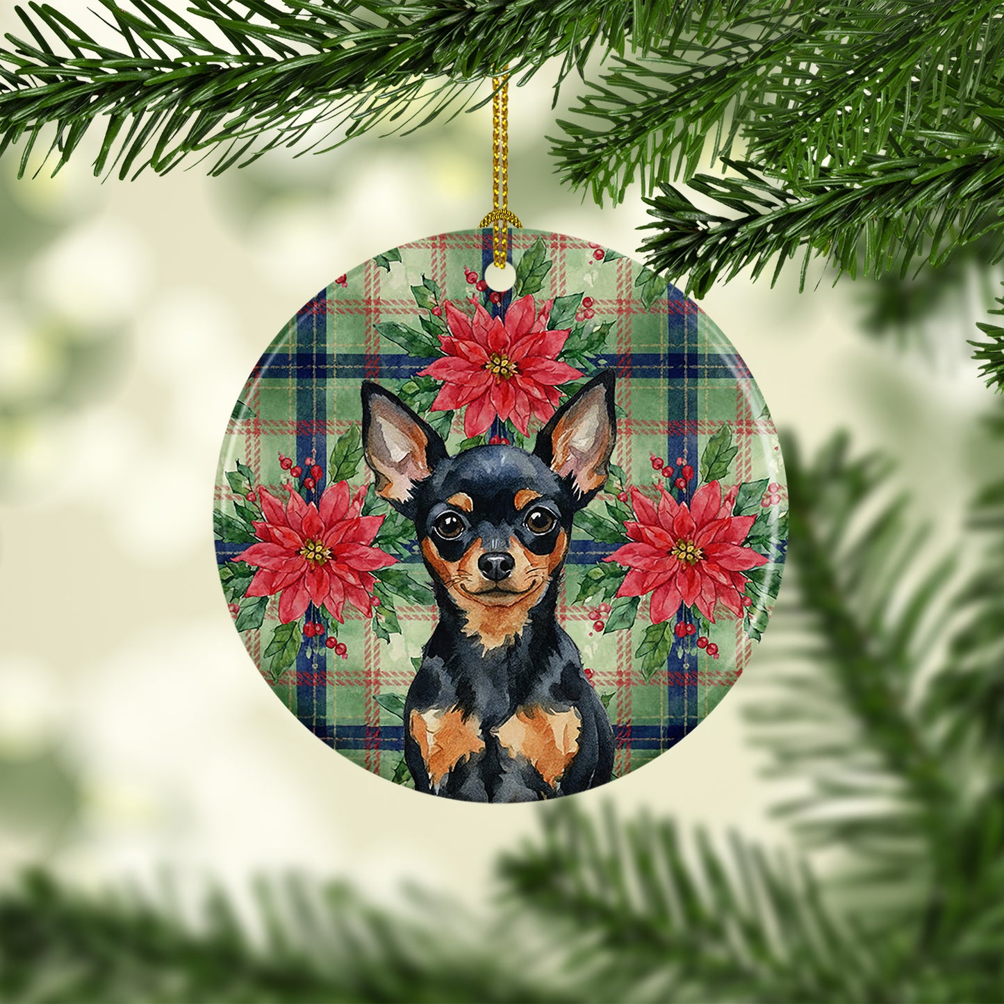 Black and Tan Russian Toy Christmas PoinsettIas Ceramic Ornament
