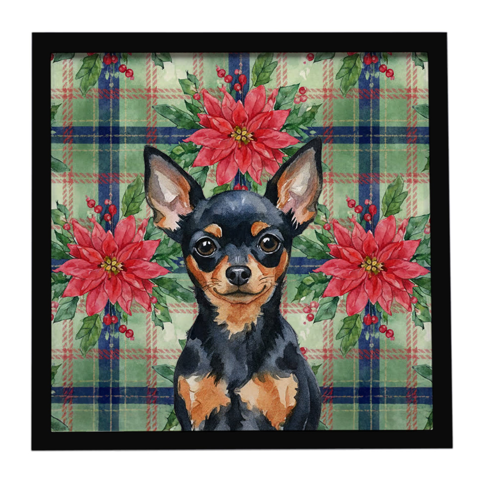 Buy this Black and Tan Russian Toy Christmas PoinsettIas Framed Metal Print