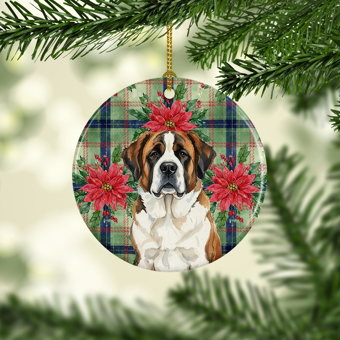 Brindle and White Saint Bernard Christmas PoinsettIas Ceramic Ornament