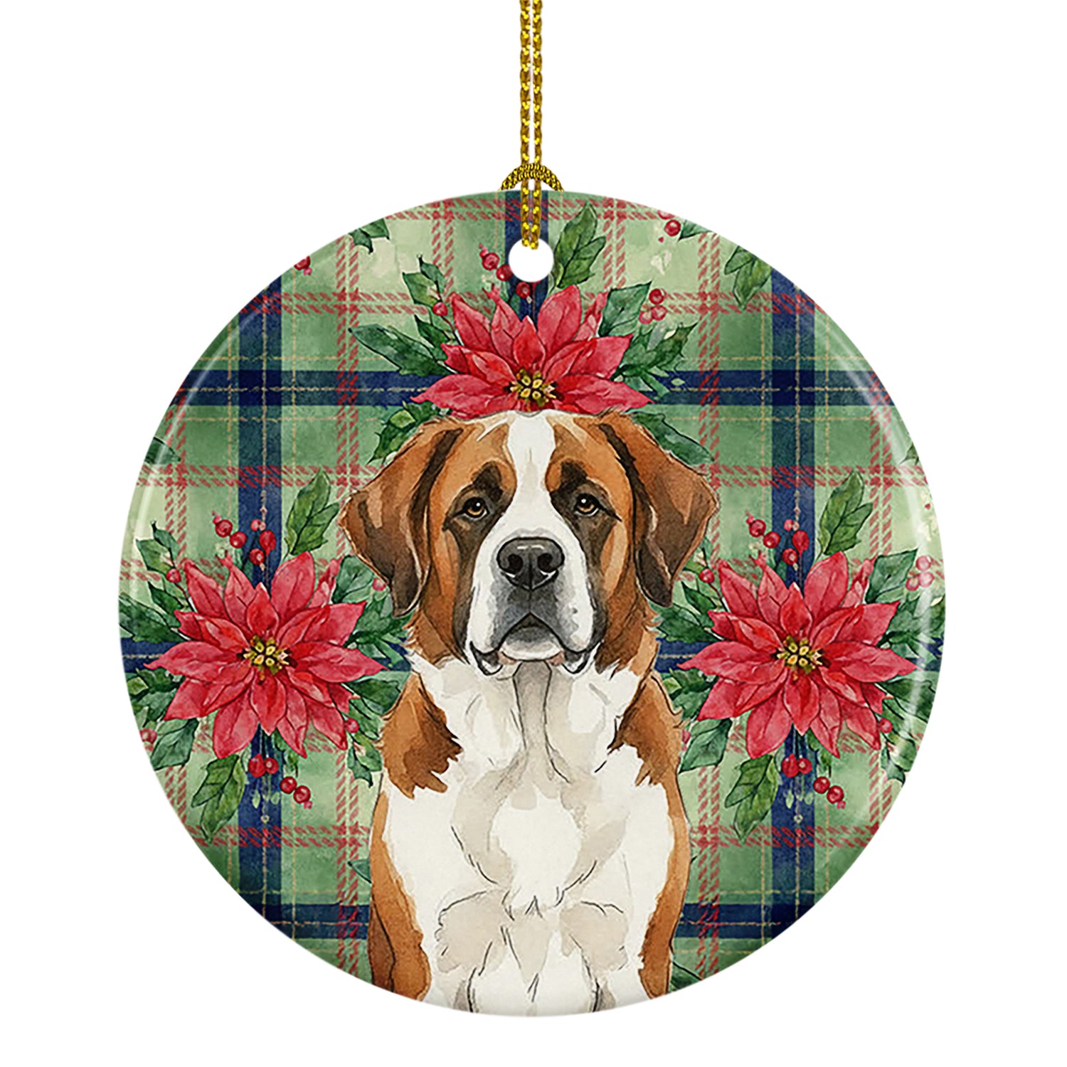 Buy this Brown and White Saint Bernard Christmas PoinsettIas Ceramic Ornament