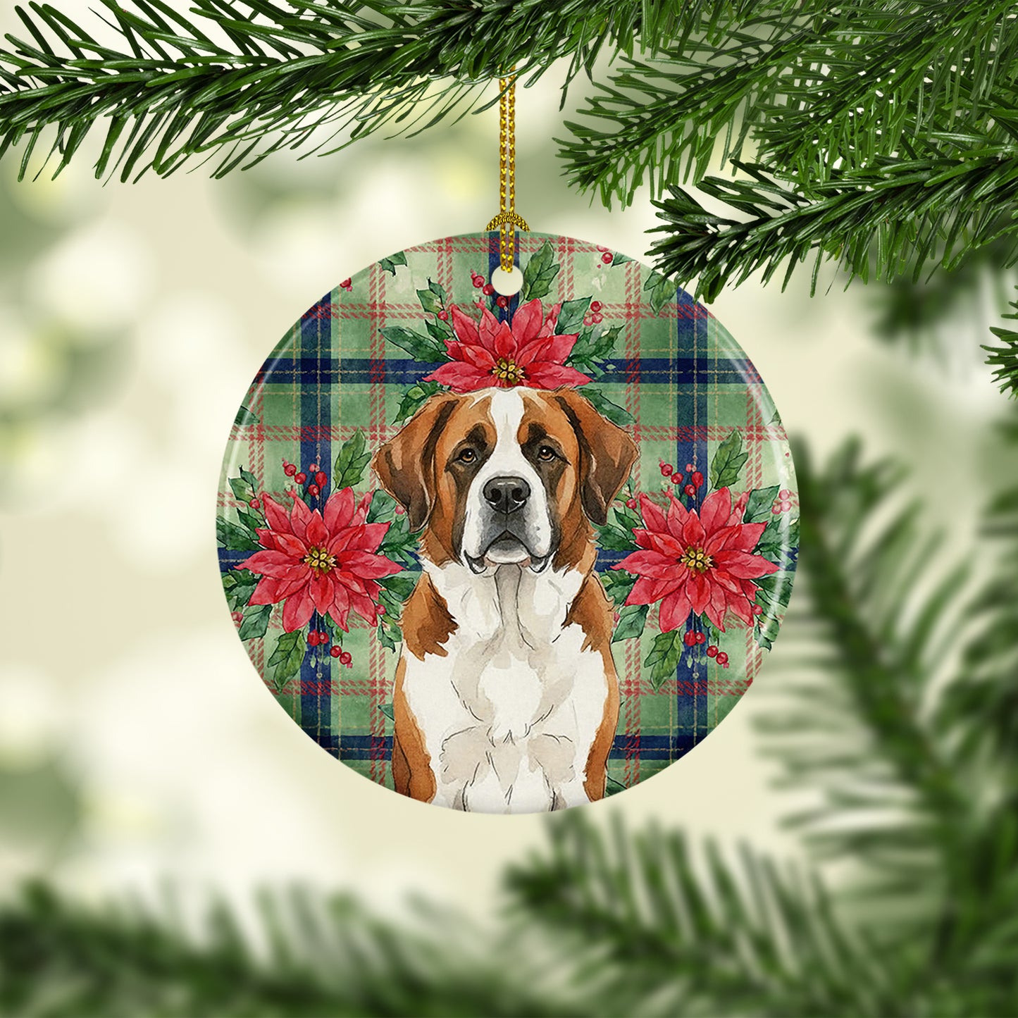 Brown and White Saint Bernard Christmas PoinsettIas Ceramic Ornament