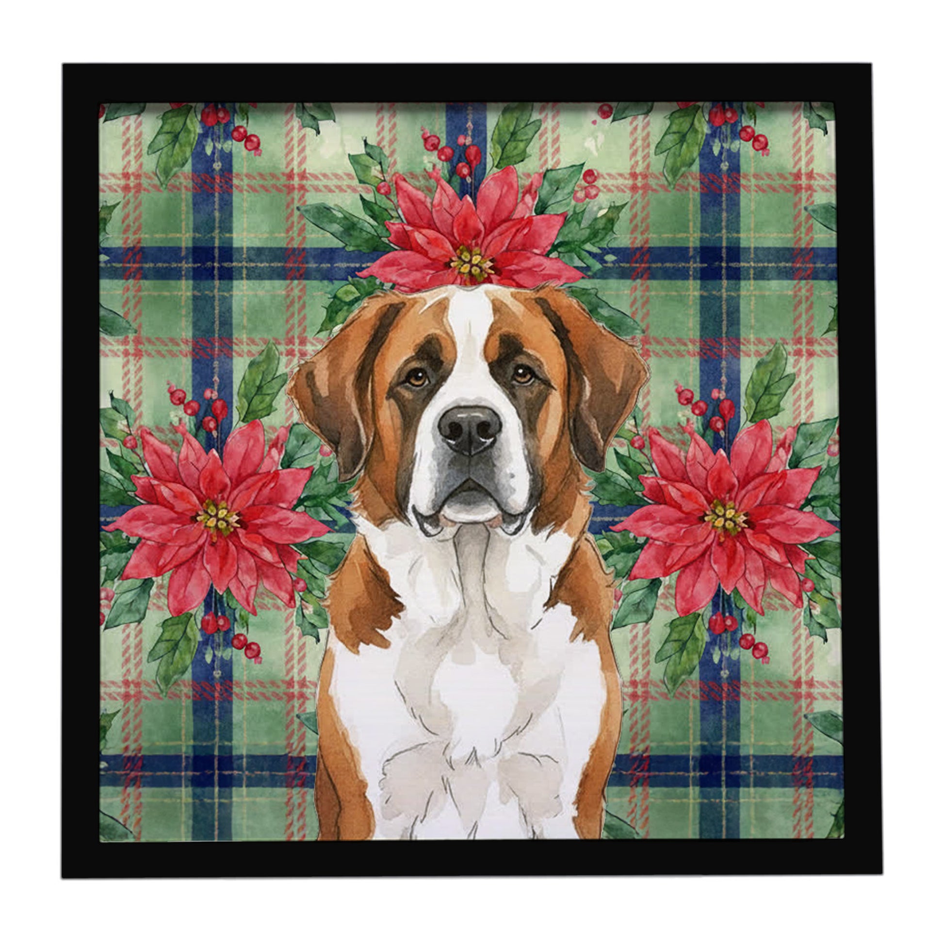Buy this Brown and White Saint Bernard Christmas PoinsettIas Framed Metal Print