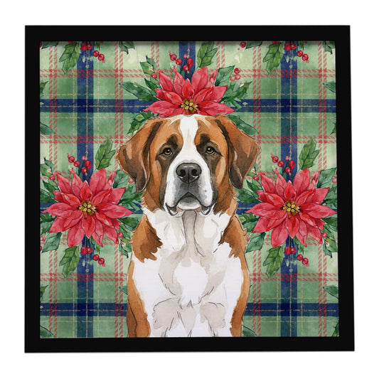 Buy this Brown and White Saint Bernard Christmas PoinsettIas Framed Metal Print