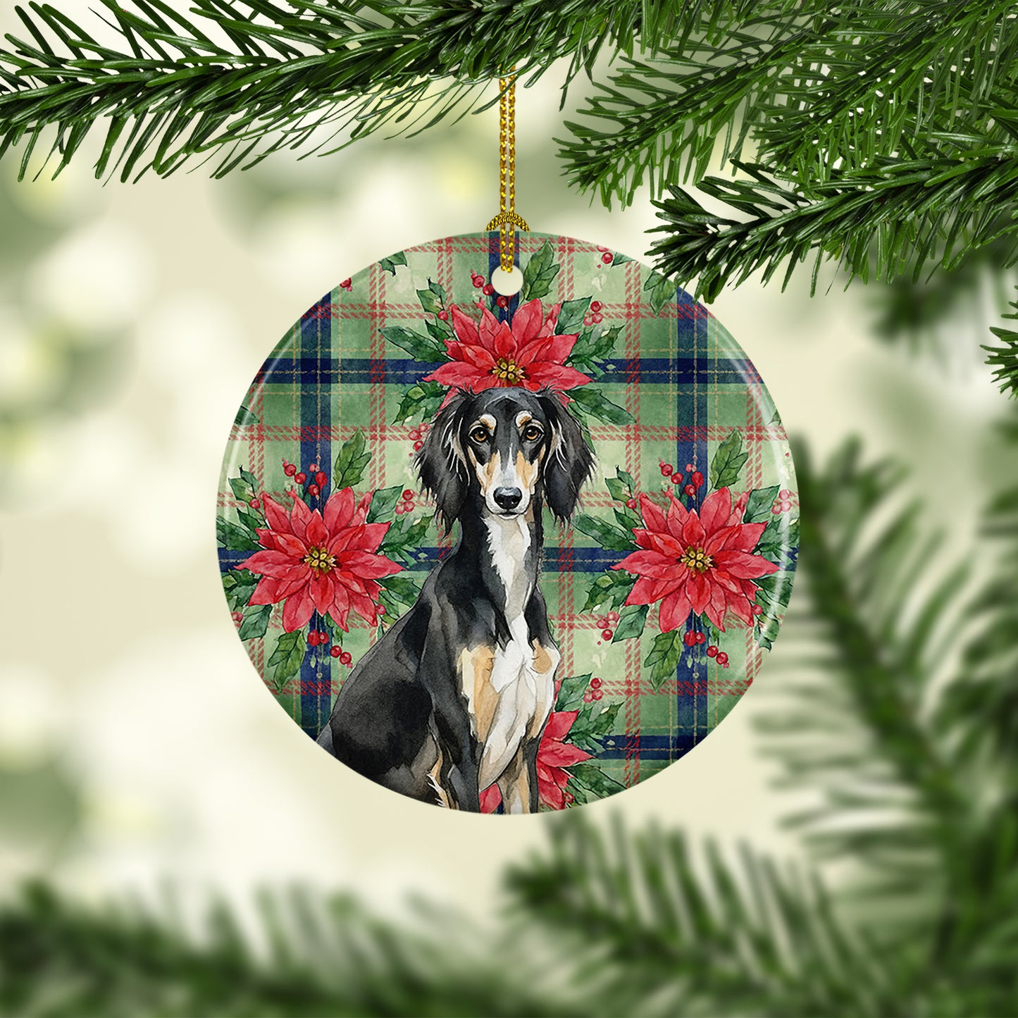 Black and Tan Saluki Christmas PoinsettIas Ceramic Ornament