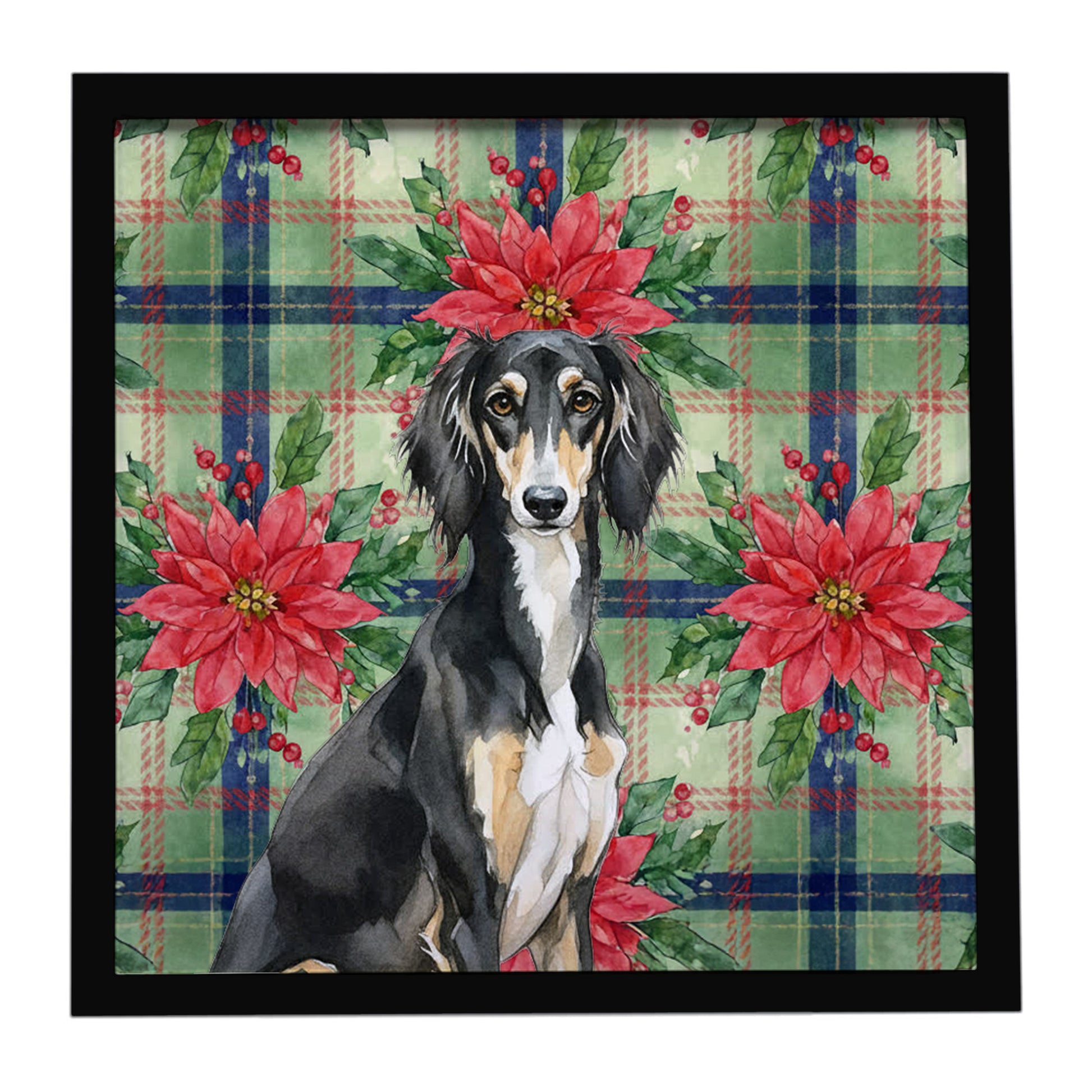 Buy this Black and Tan Saluki Christmas PoinsettIas Framed Metal Print