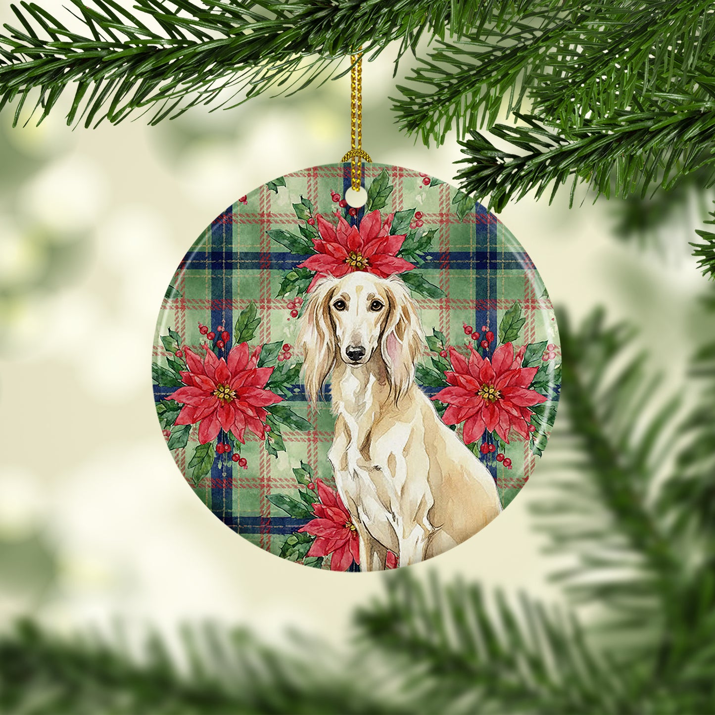 Cream Saluki Christmas PoinsettIas Ceramic Ornament