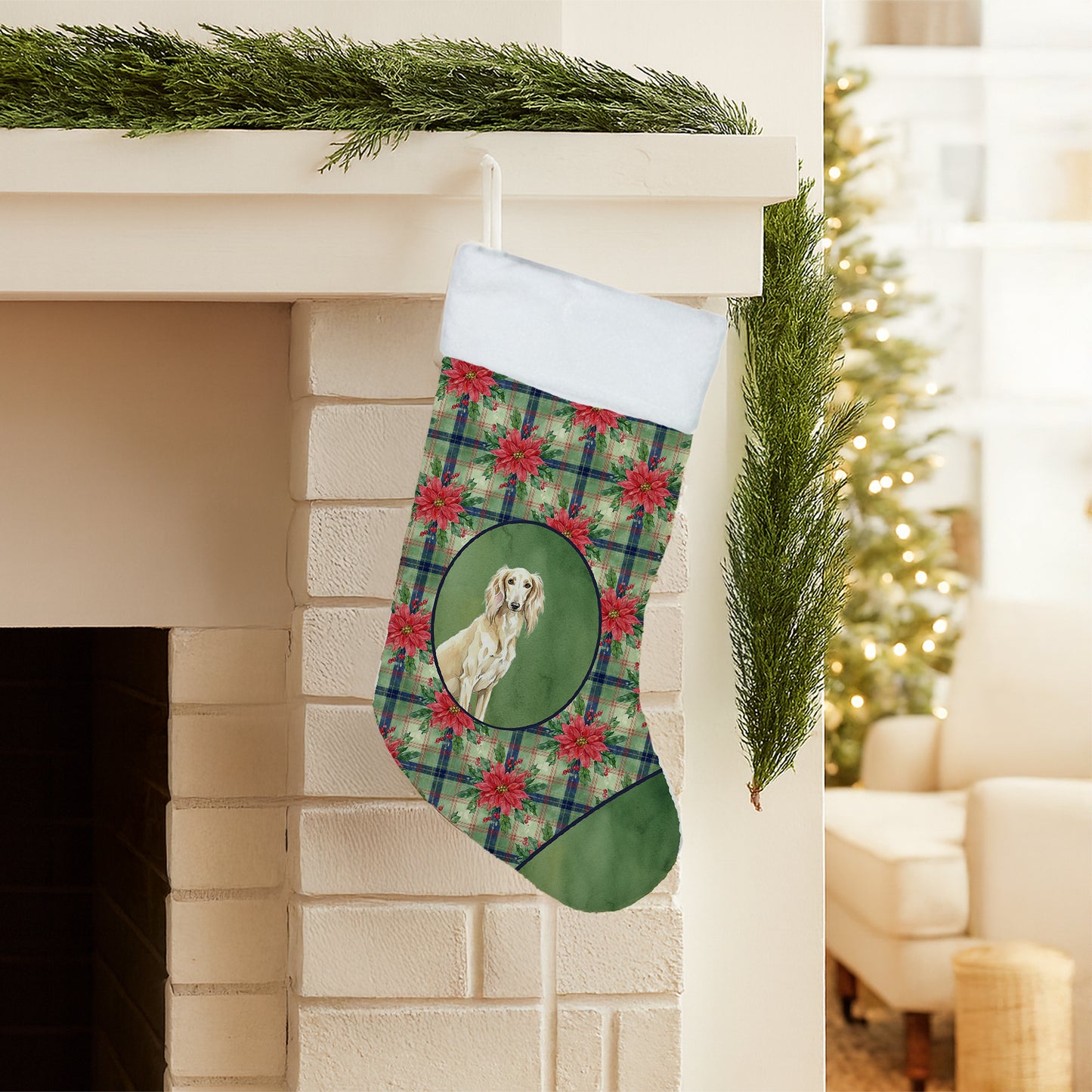 Cream Saluki Christmas PoinsettIas Holiday Stocking