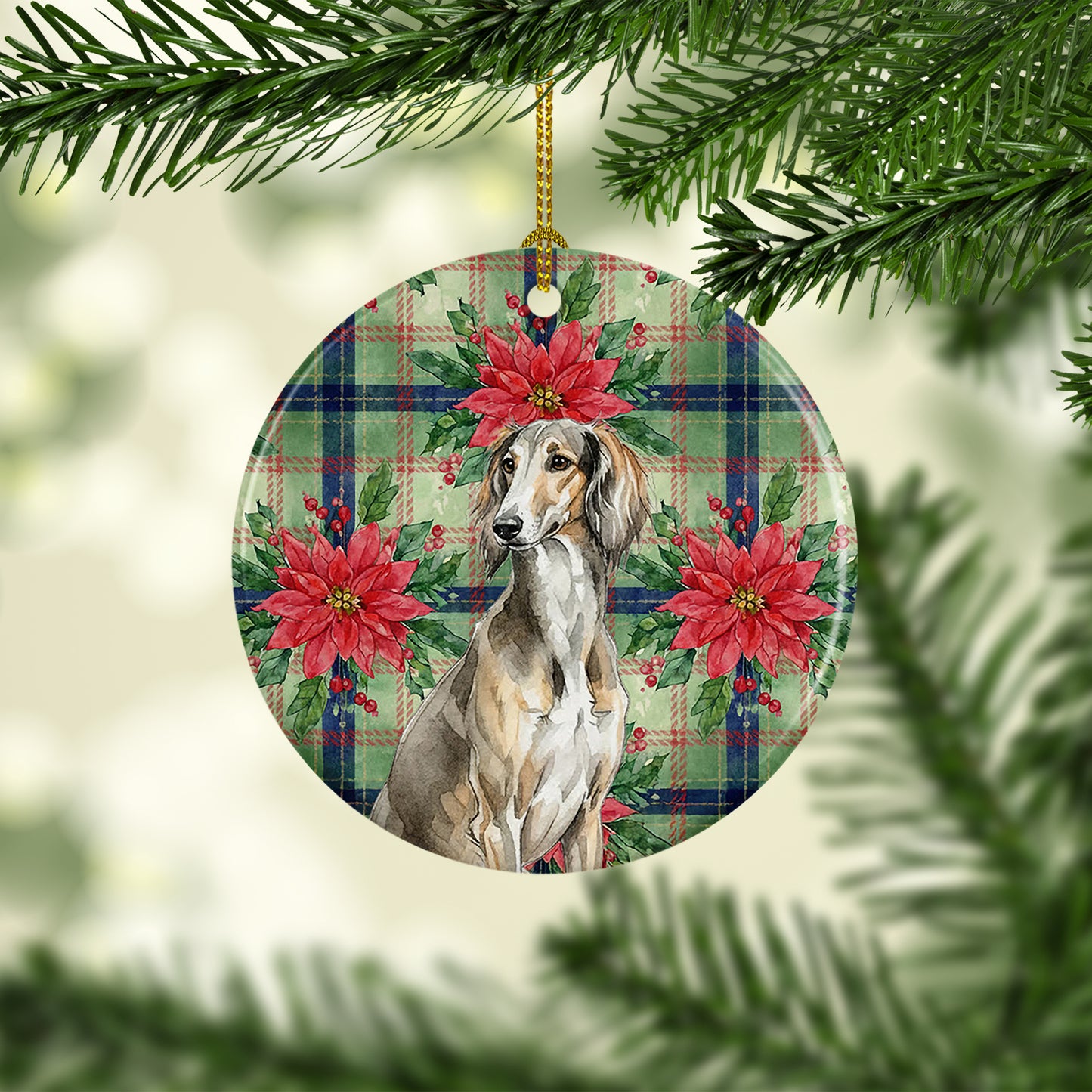 Grizzle Saluki Christmas PoinsettIas Ceramic Ornament