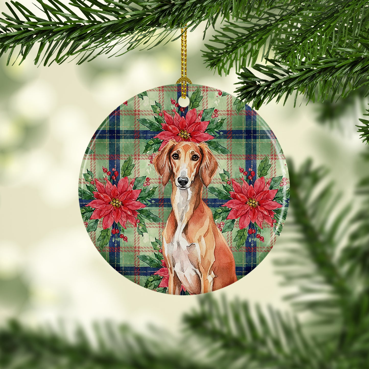 Red Saluki Christmas PoinsettIas Ceramic Ornament