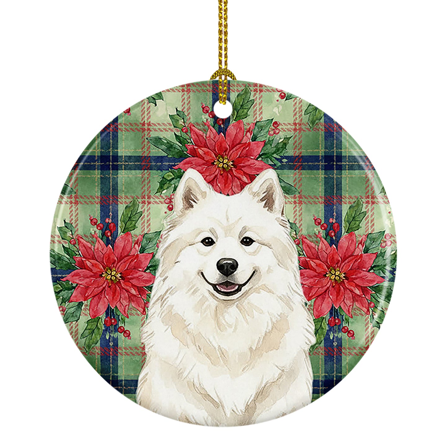 Buy this Cream Samoyed Christmas PoinsettIas Ceramic Ornament