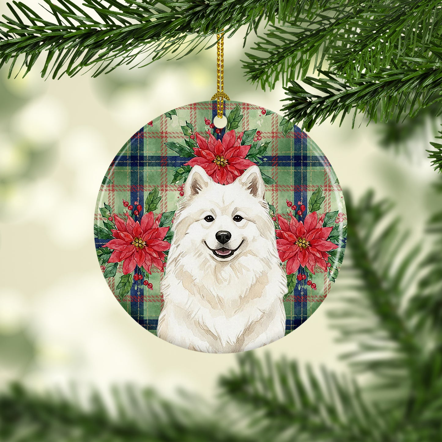 Cream Samoyed Christmas PoinsettIas Ceramic Ornament
