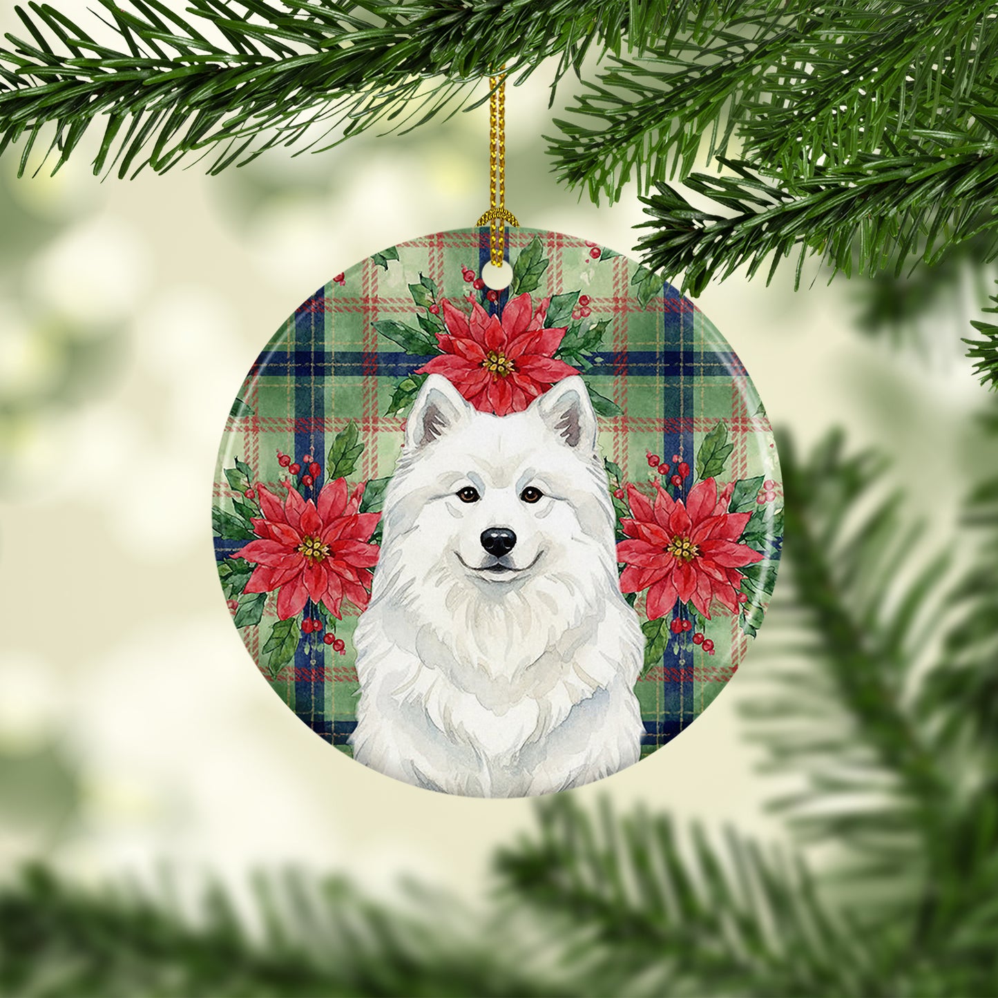 White Samoyed Christmas PoinsettIas Ceramic Ornament