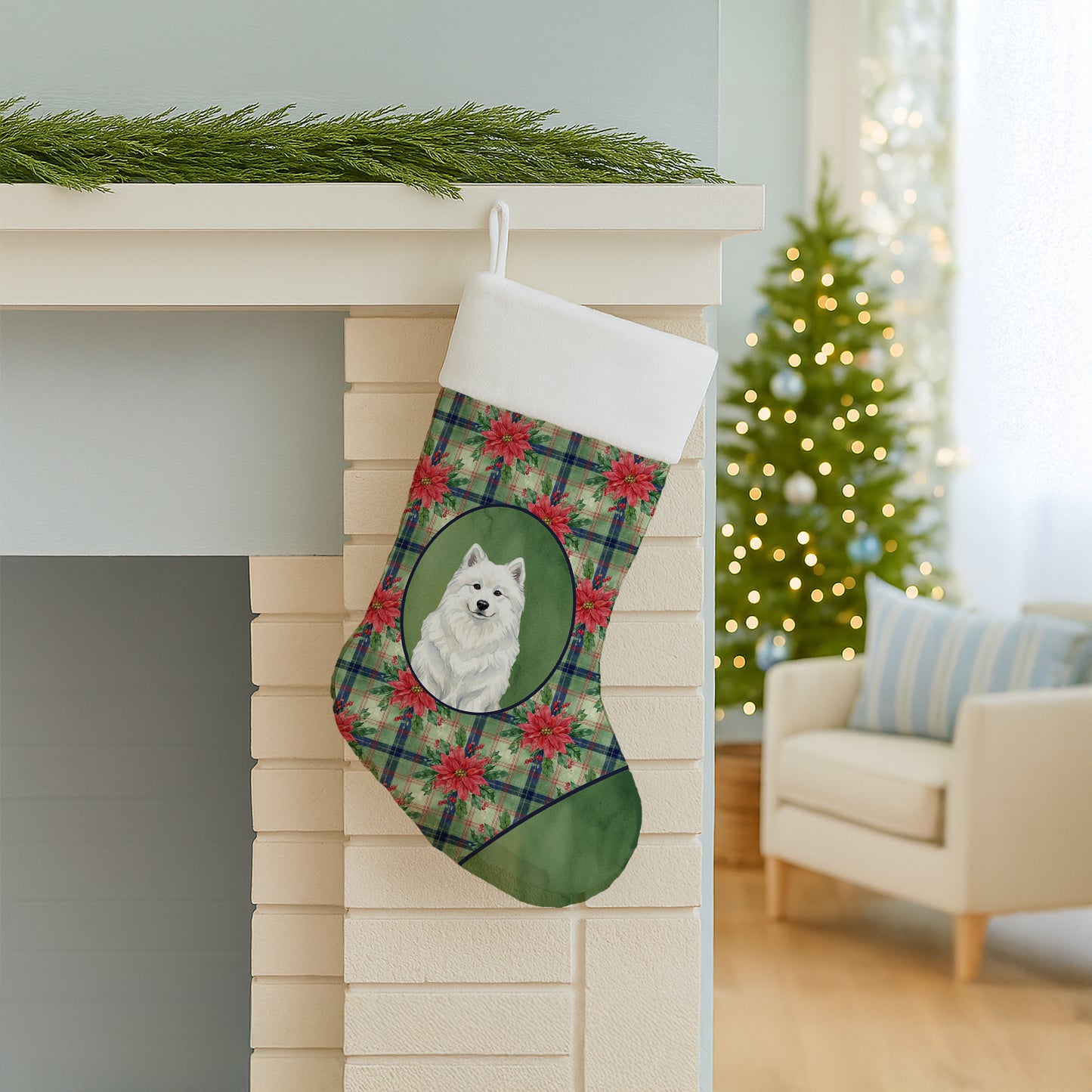 White Samoyed Christmas PoinsettIas Holiday Stocking