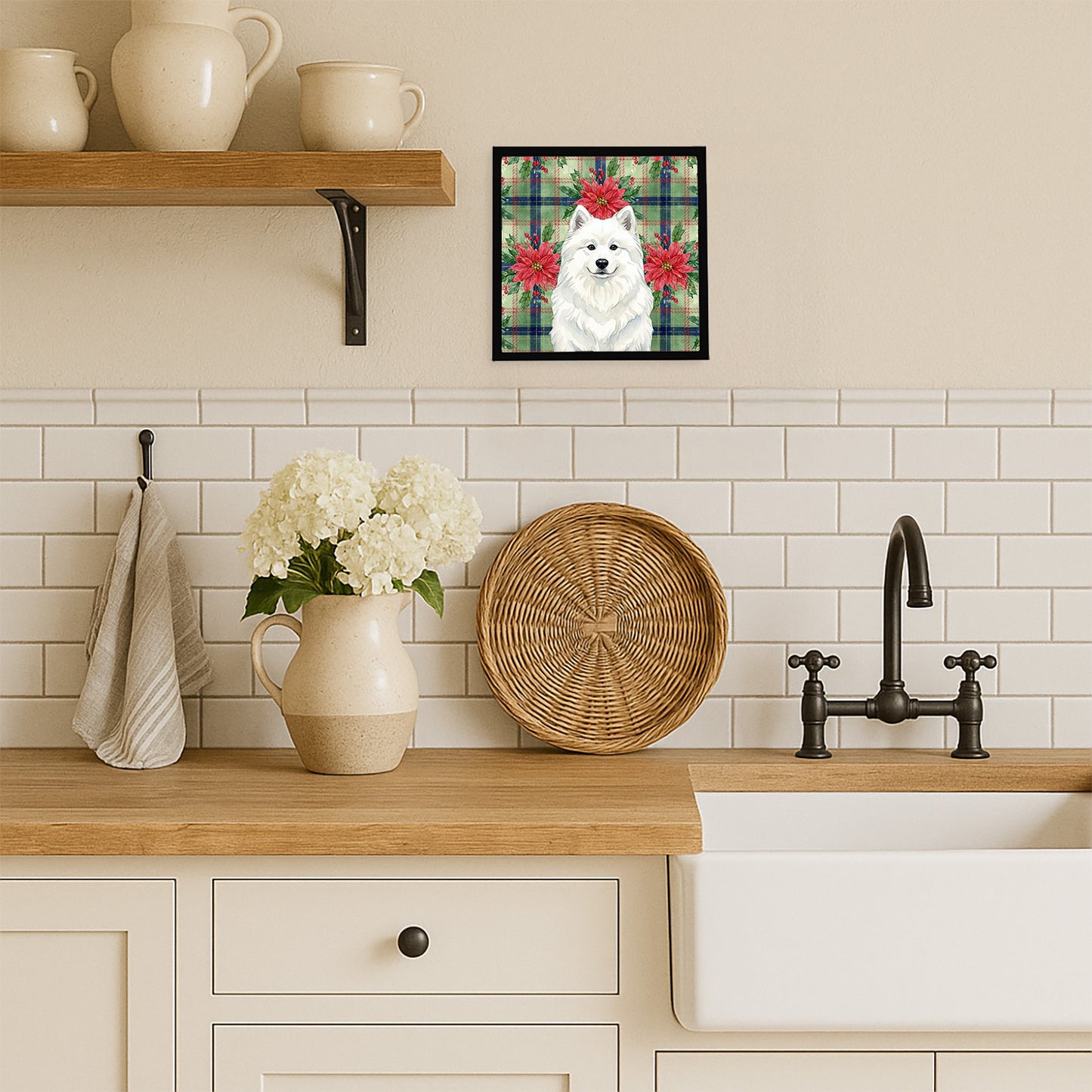 White Samoyed Christmas PoinsettIas Framed Metal Print
