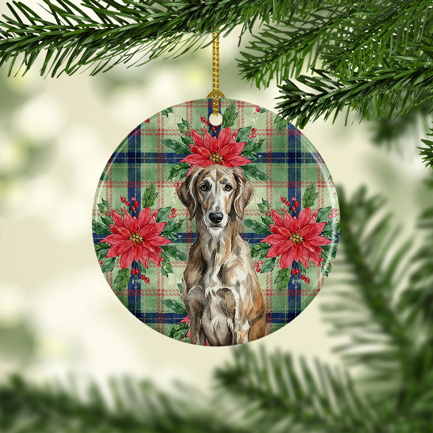Brindle Scottish Deerhound Christmas PoinsettIas Ceramic Ornament