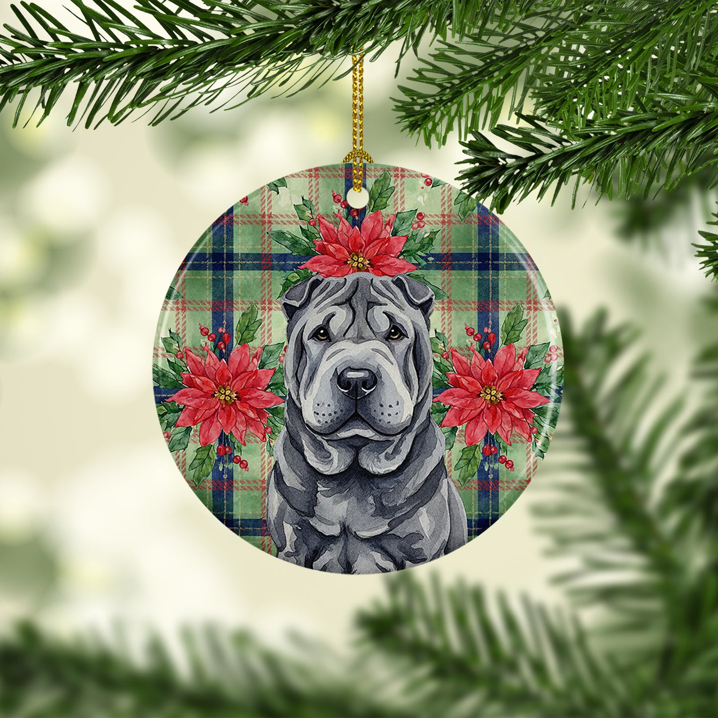 Black Shar Pei Christmas PoinsettIas Ceramic Ornament