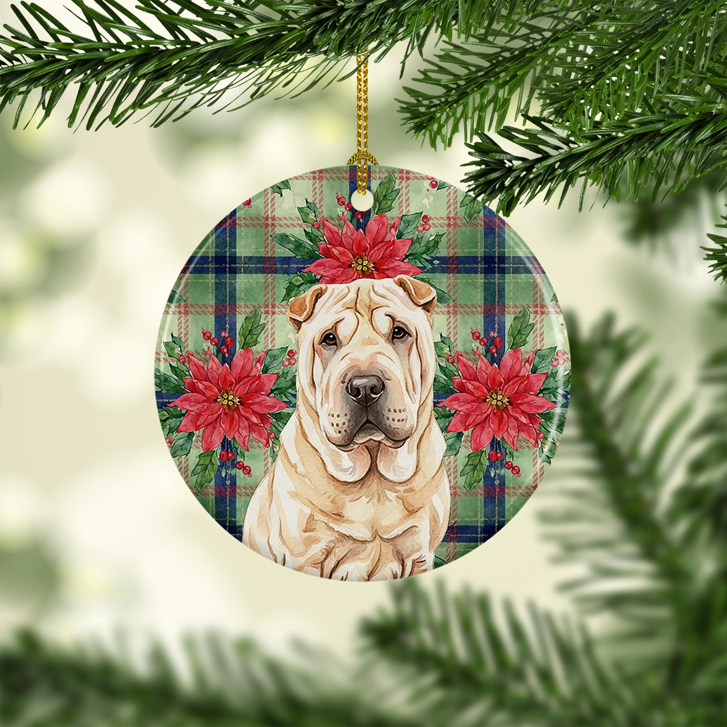 Shar Pei Christmas PoinsettIas Ceramic Ornament