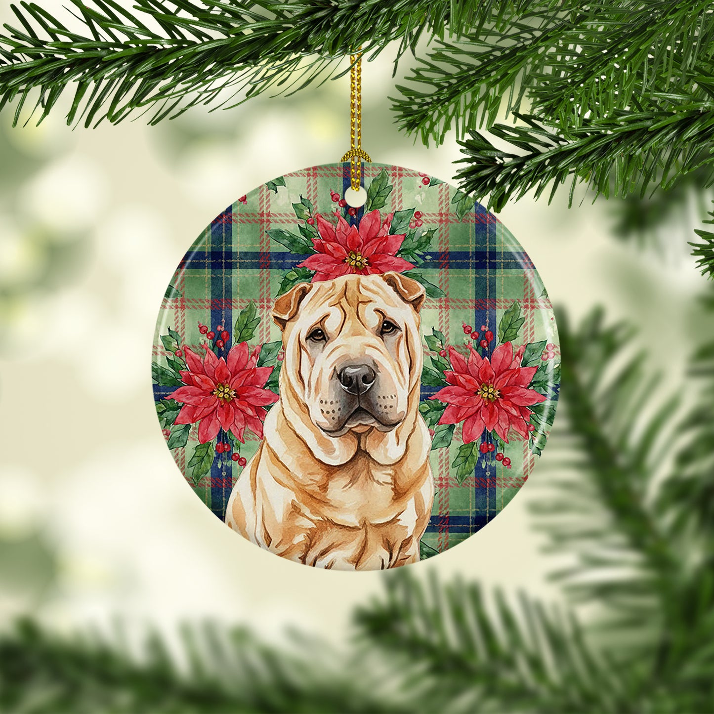 Red Shar Pei Christmas PoinsettIas Ceramic Ornament