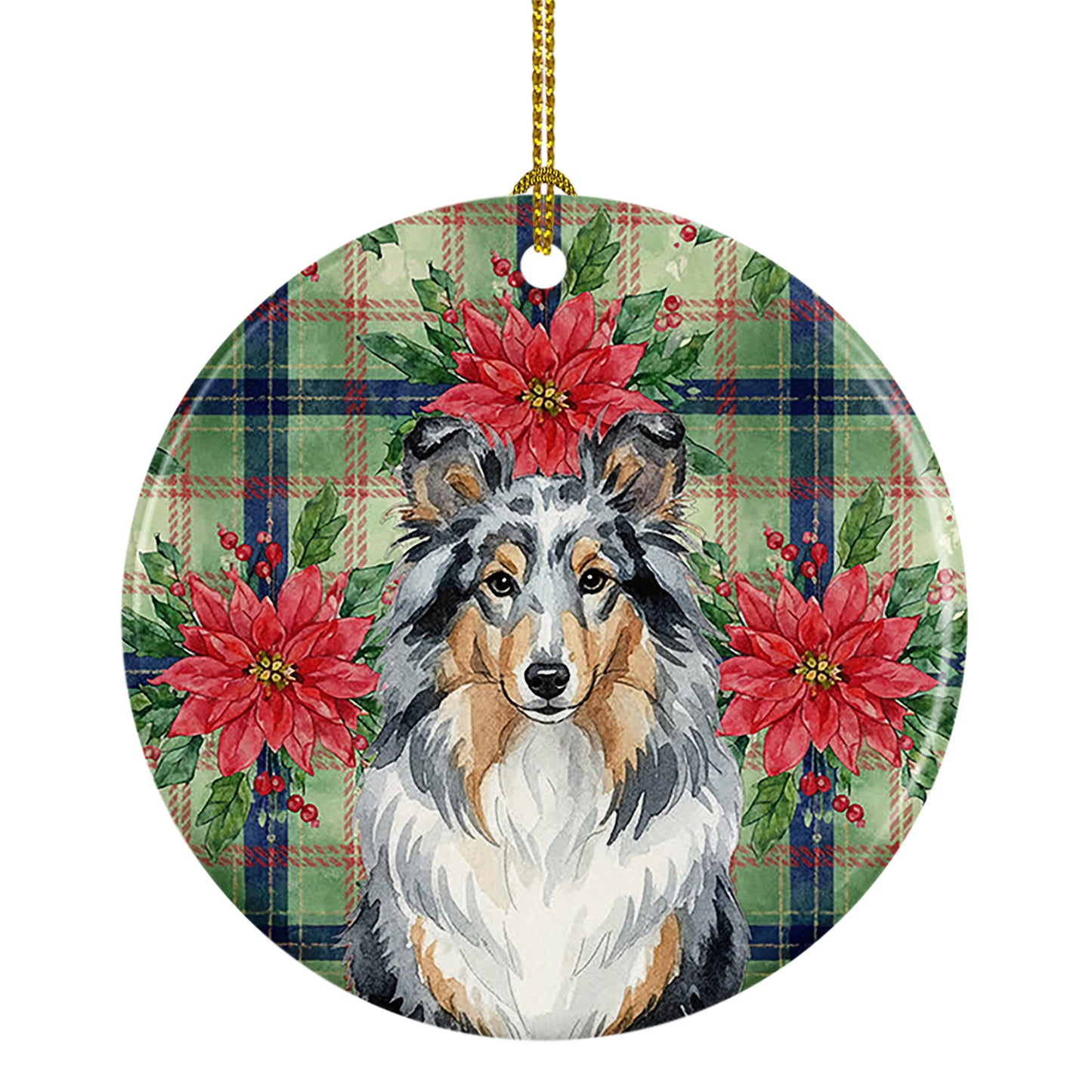 Buy this Blue Merle Sheltie Christmas PoinsettIas Ceramic Ornament