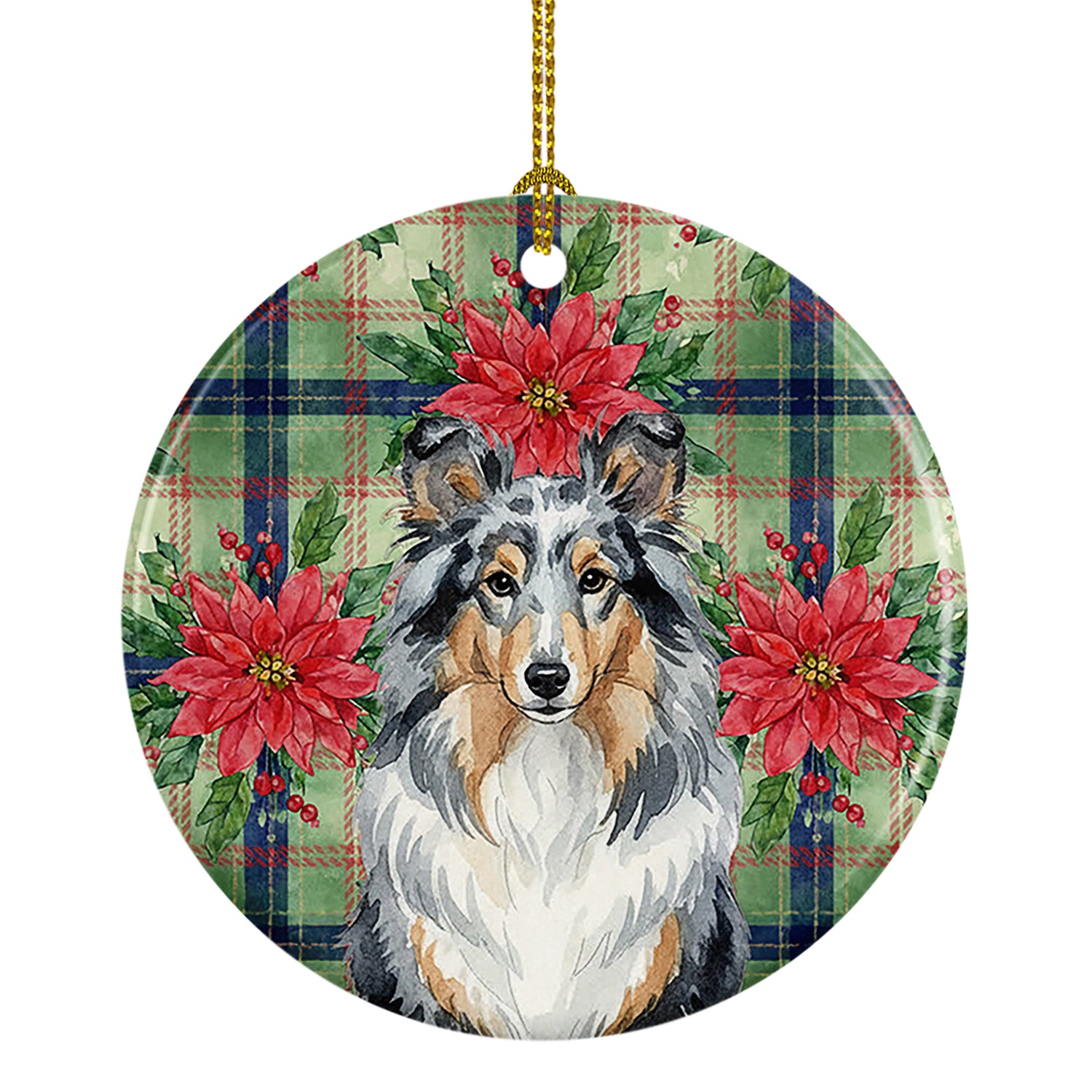 Buy this Blue Merle Sheltie Christmas PoinsettIas Ceramic Ornament
