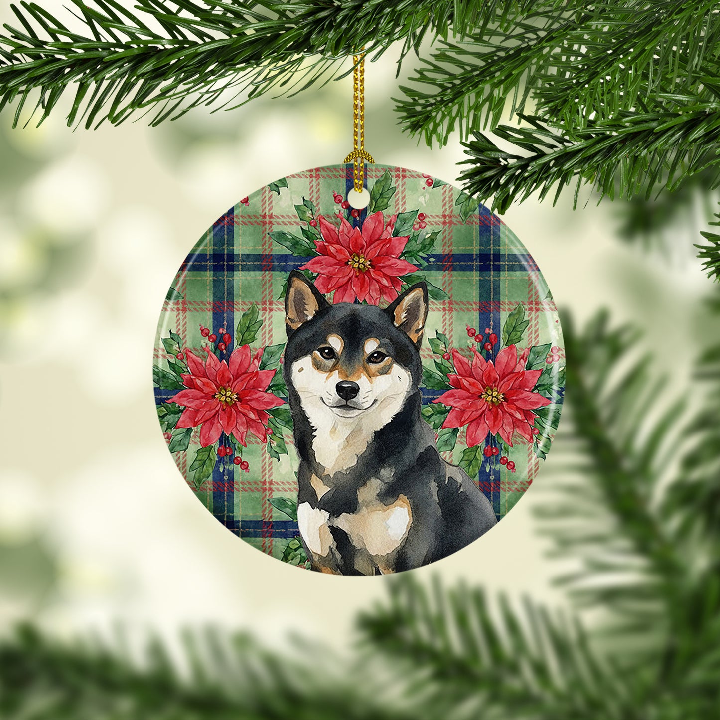 Black and Tan Shiba Inu Christmas PoinsettIas Ceramic Ornament