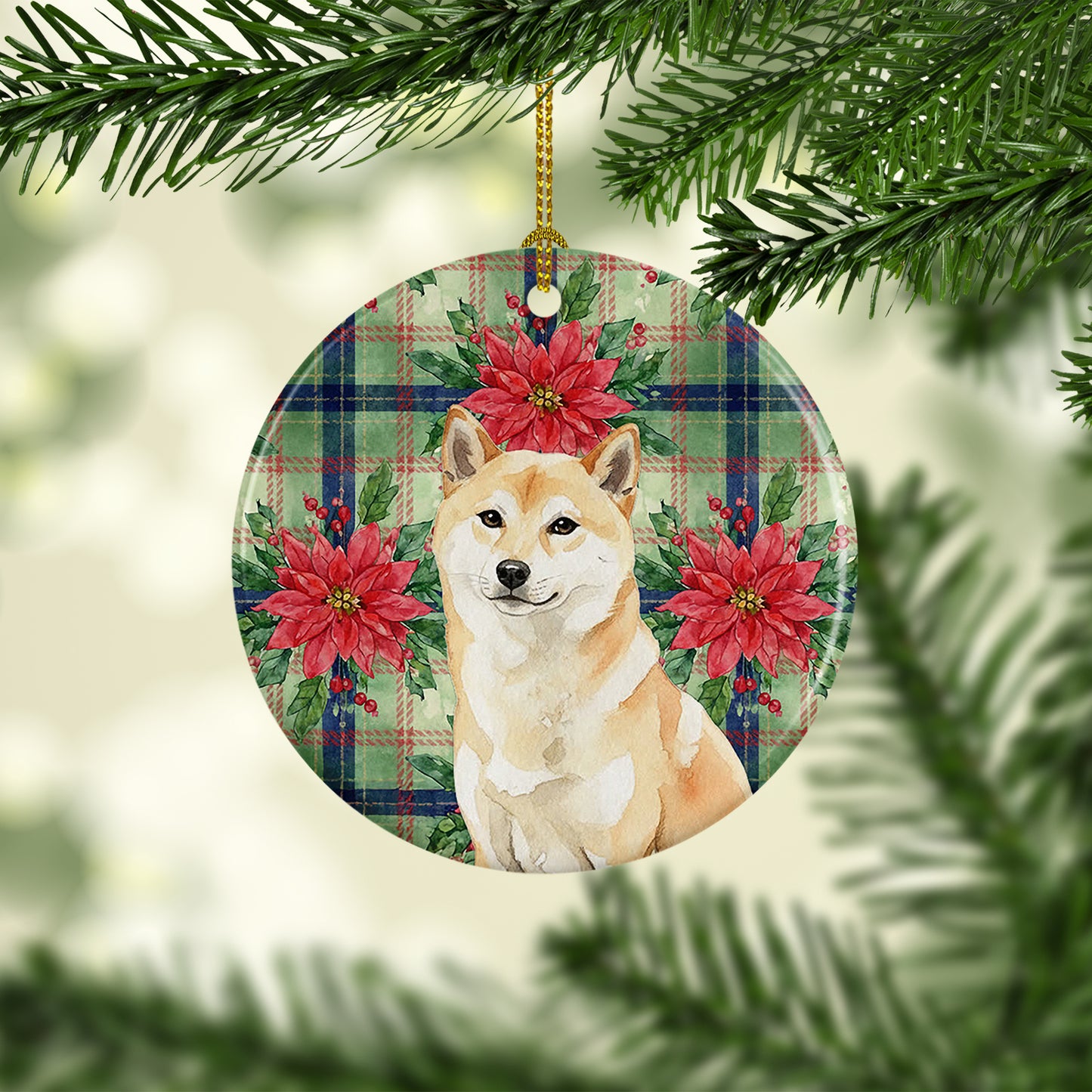 Cream Shiba Inu Christmas PoinsettIas Ceramic Ornament