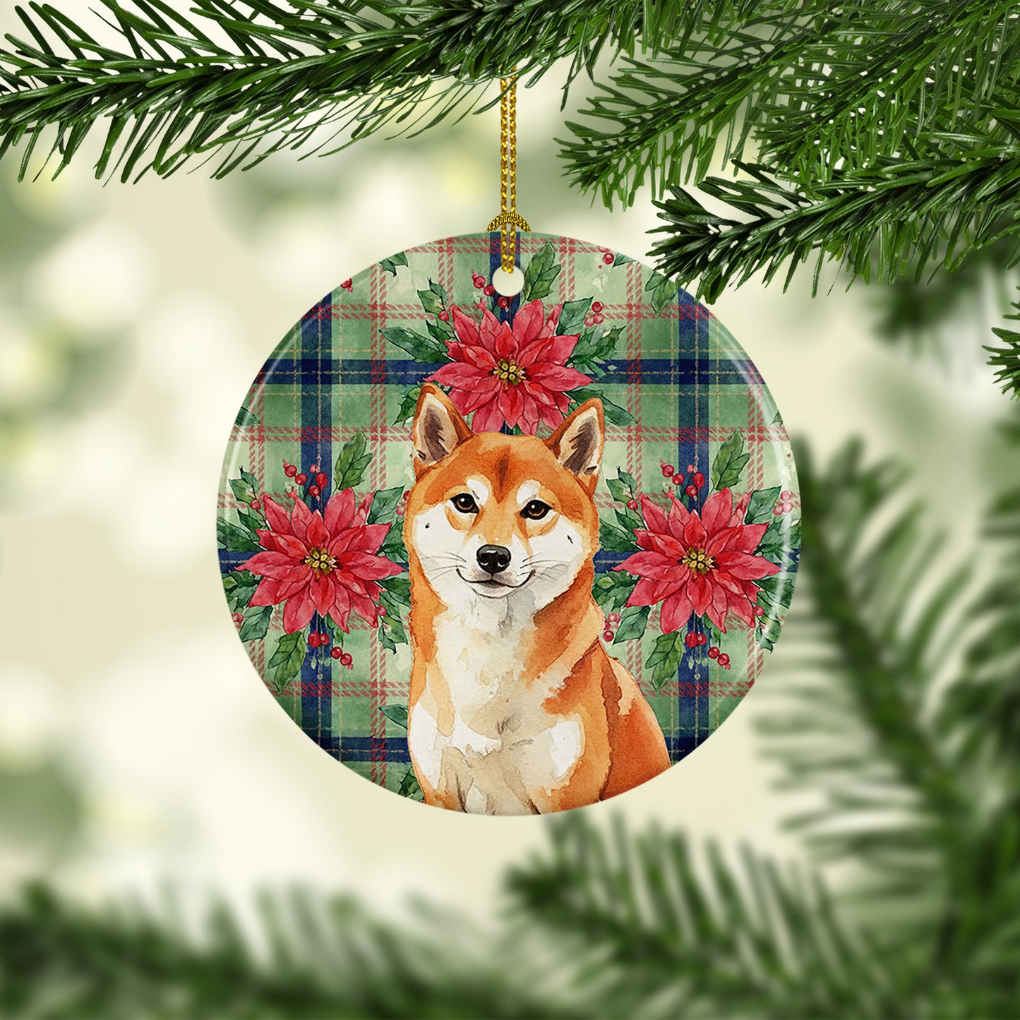 Red Shiba Inu Christmas PoinsettIas Ceramic Ornament