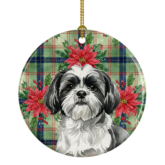 Buy this Black and White Shih Tzu Christmas PoinsettIas Ceramic Ornament