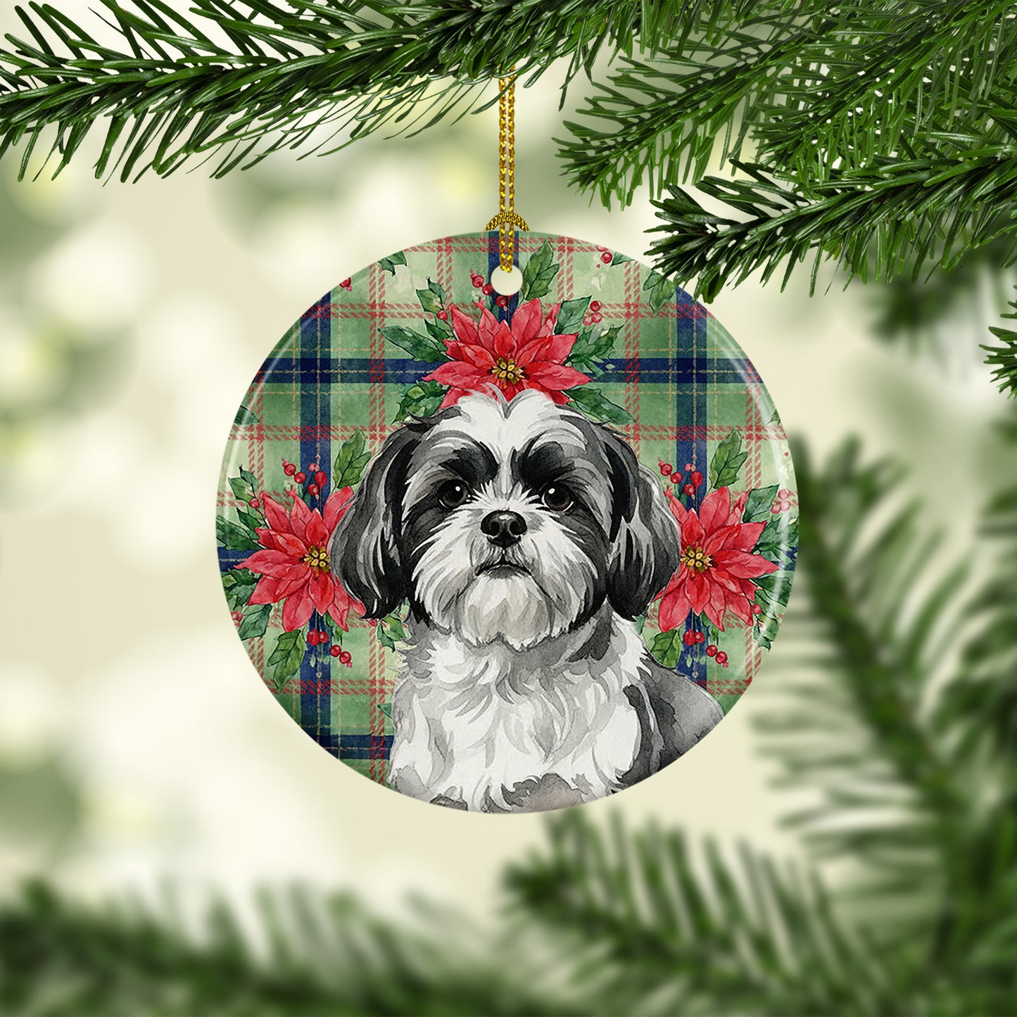 Black and White Shih Tzu Christmas PoinsettIas Ceramic Ornament