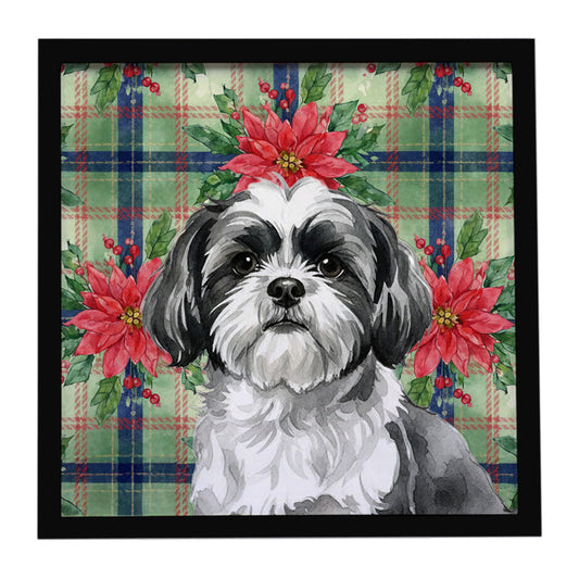 Buy this Black and White Shih Tzu Christmas PoinsettIas Framed Metal Print