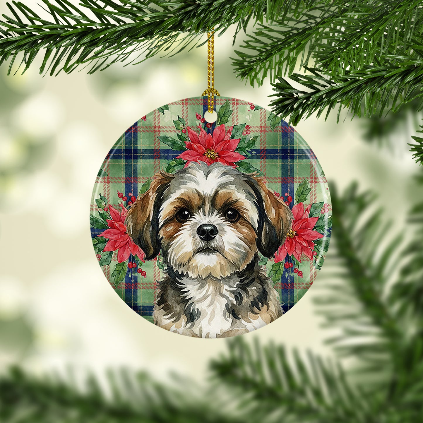 Brindle Shih Tzu Christmas PoinsettIas Ceramic Ornament