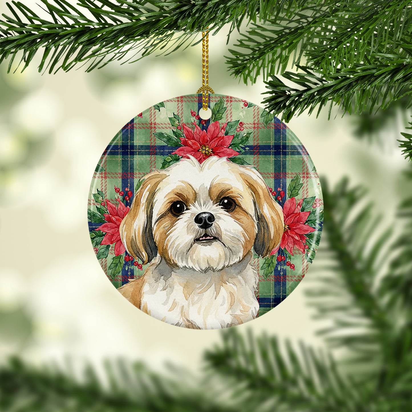 Gold and White Shih Tzu Christmas PoinsettIas Ceramic Ornament
