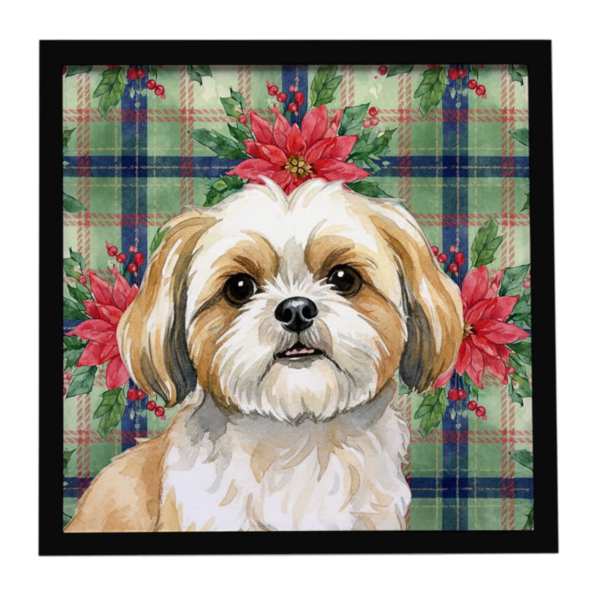 Buy this Gold and White Shih Tzu Christmas PoinsettIas Framed Metal Print