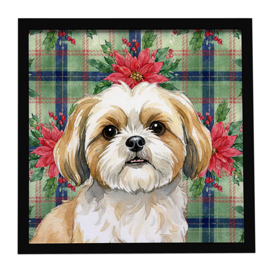 Buy this Gold and White Shih Tzu Christmas PoinsettIas Framed Metal Print