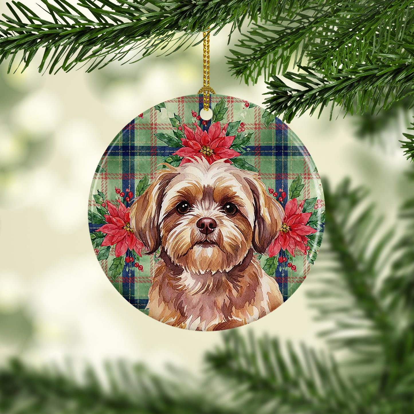 Liver Shih Tzu Christmas PoinsettIas Ceramic Ornament