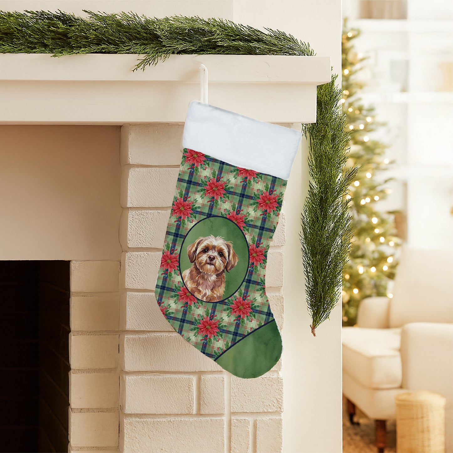 Liver Shih Tzu Christmas PoinsettIas Holiday Stocking
