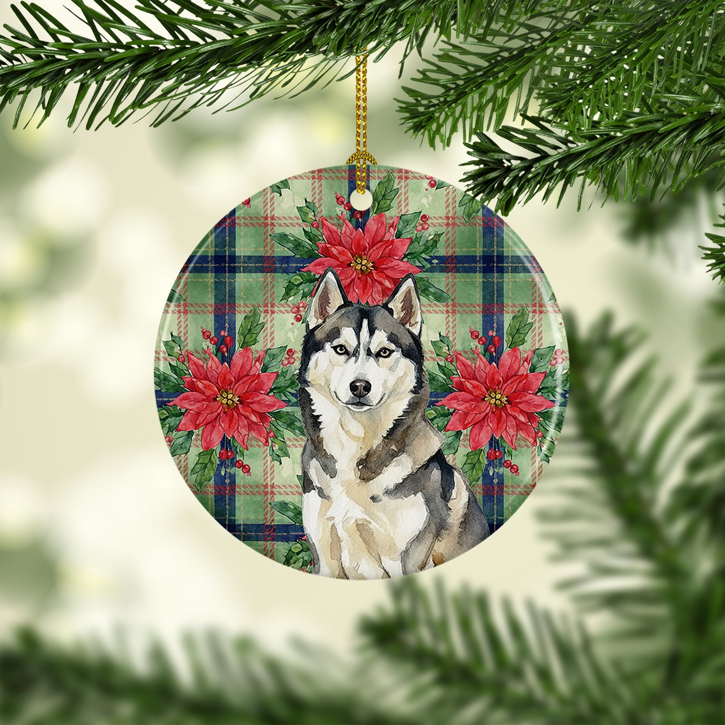 Agouti Siberian Husky Christmas PoinsettIas Ceramic Ornament