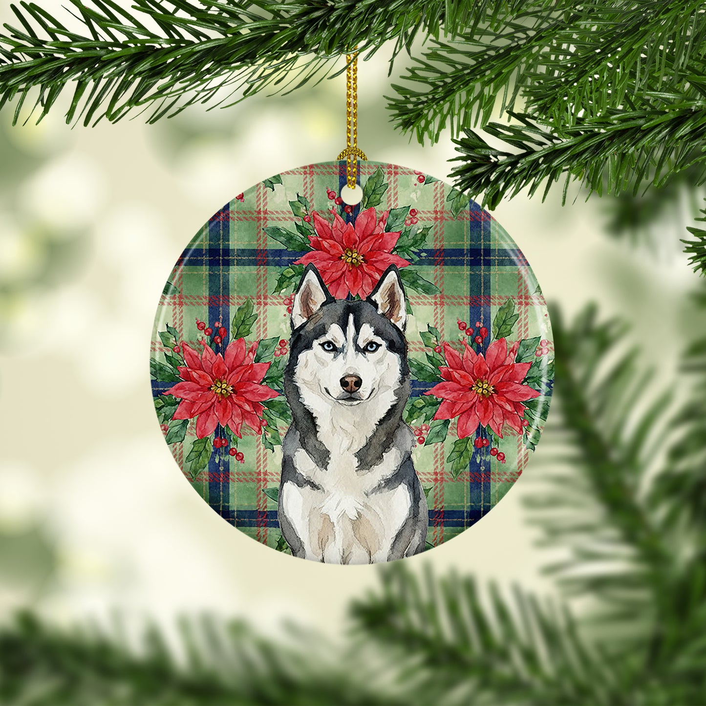 Siberian Husky Christmas PoinsettIas Ceramic Ornament