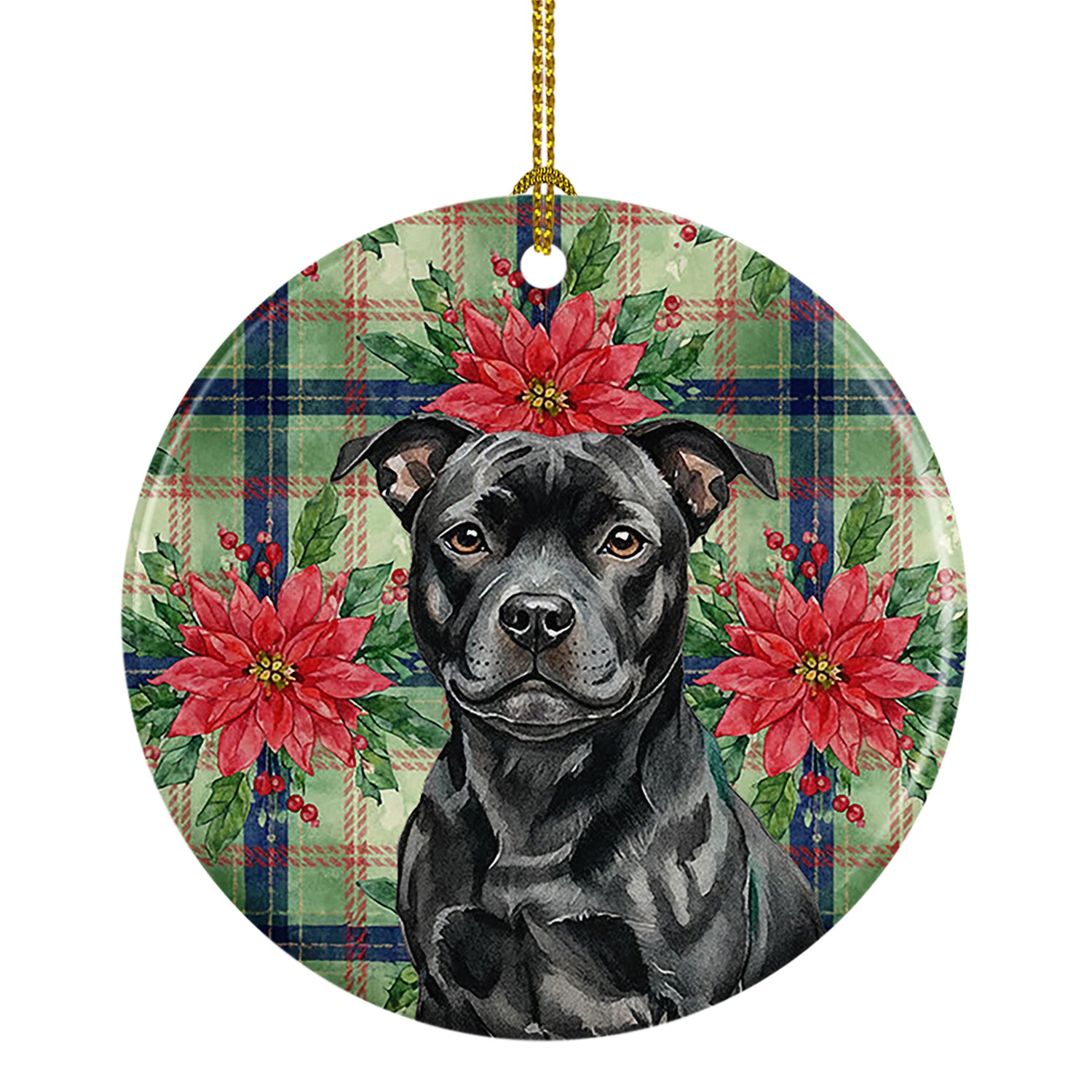 Buy this Black Staffordshire Bull Terrier Christmas PoinsettIas Ceramic Ornament