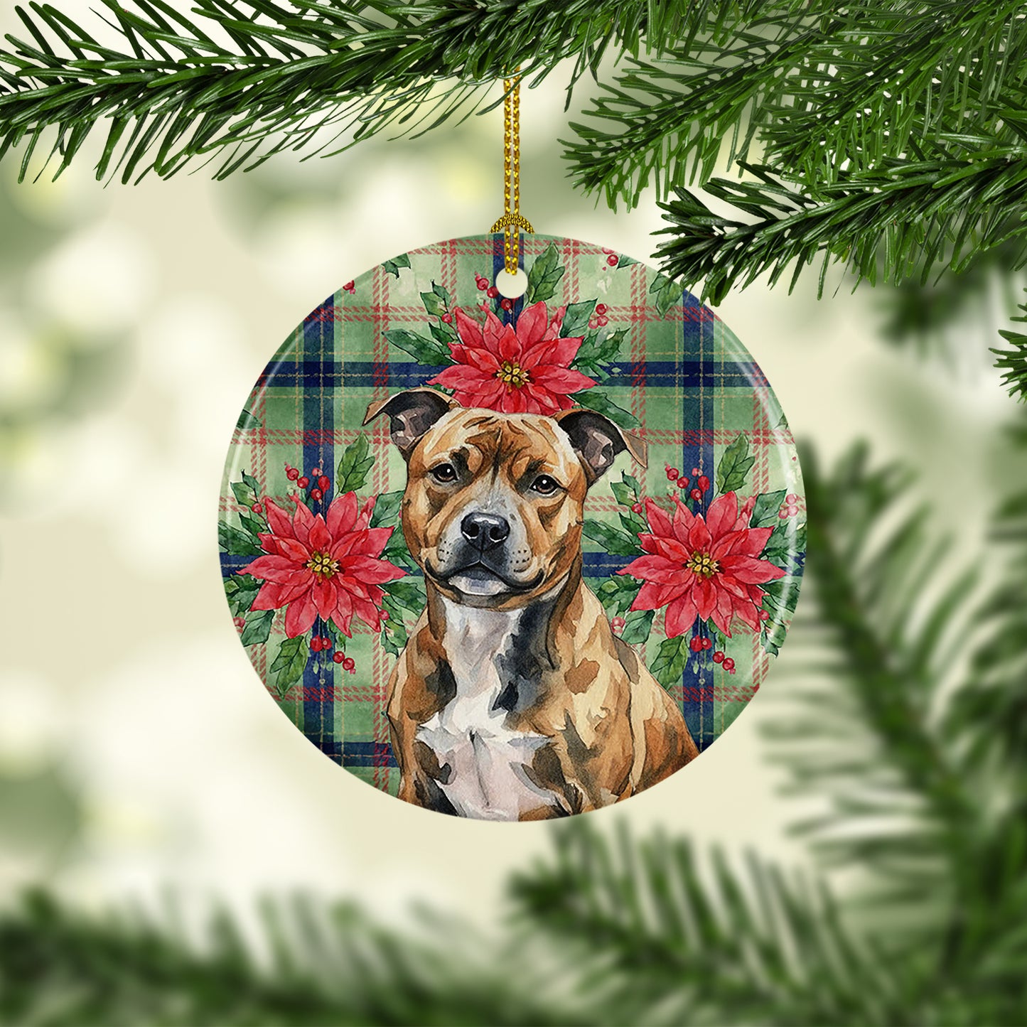 Brindle Staffordshire Bull Terrier Christmas PoinsettIas Ceramic Ornament