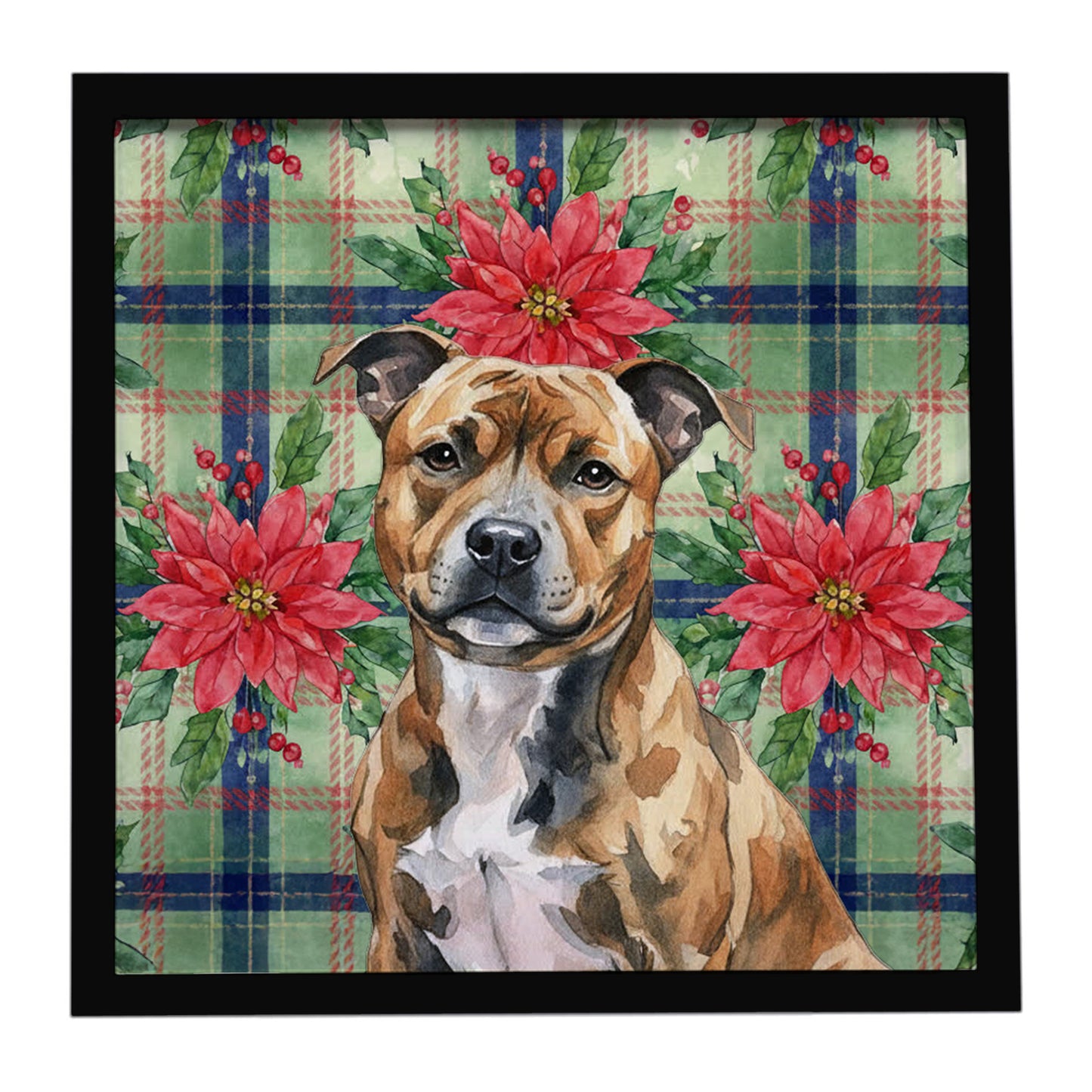 Buy this Brindle Staffordshire Bull Terrier Christmas PoinsettIas Framed Metal Print