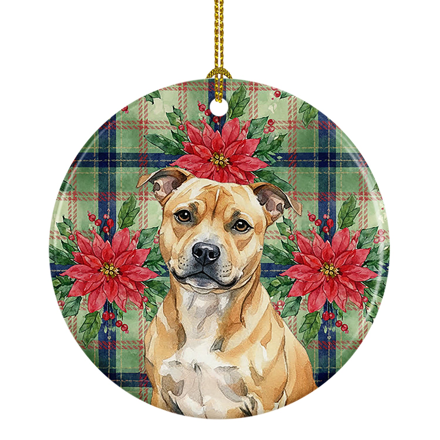 Buy this Fawn Staffordshire Bull Terrier Christmas PoinsettIas Ceramic Ornament